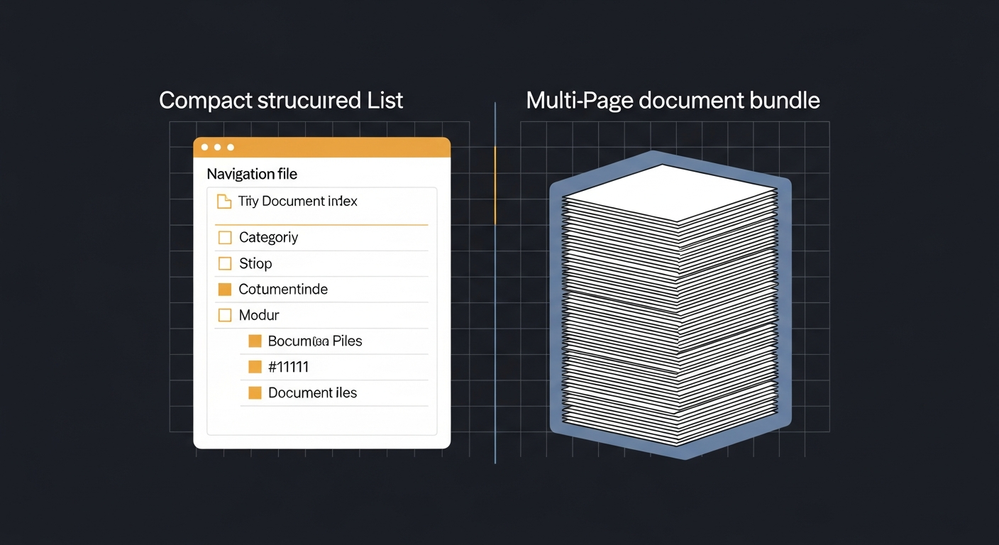 llms.txt vs llms-full.txt — compact content index on the left, expanded documentation bundle on the right